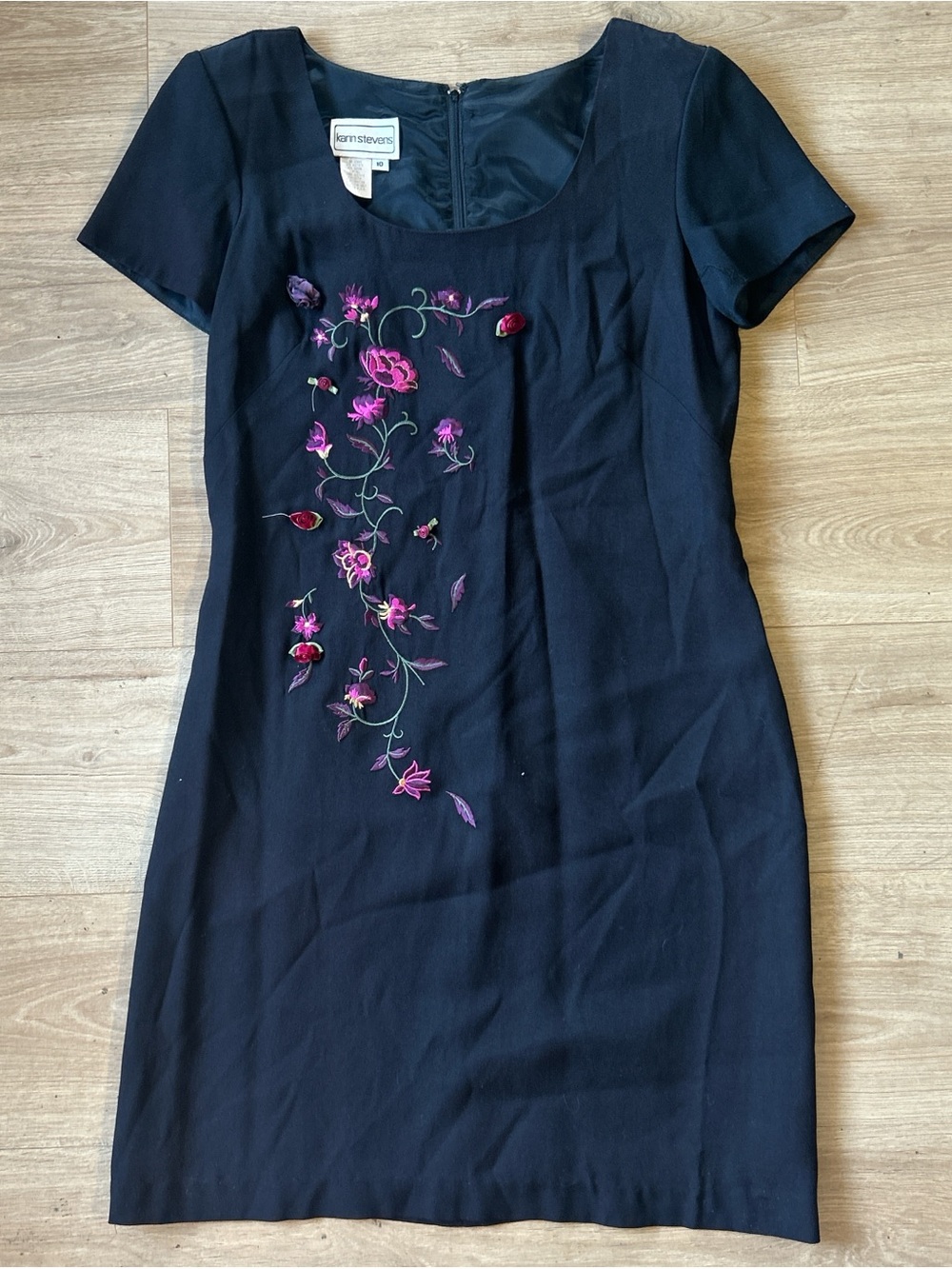 Karin Stevens Black Short Sleeve Dress with Pink Floral Embroidery